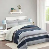 Casadeliacl - Cubrecama Quilt Sherpa 2Pl Gris Azul Marino Y Blanco Franjas Horizontales
