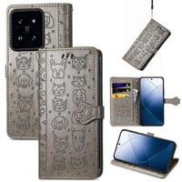 Funda Cartera Foxdock Para Xiaomi 14T Pro , Flip Pu Con Relieve De Gatos Y Perros, Tarjetero Y Soporte