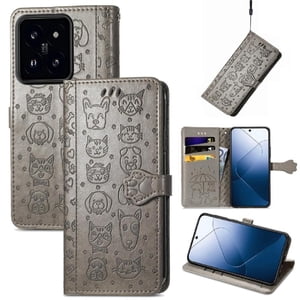 Funda Cartera Foxdock Para Xiaomi 14T Pro , Flip Pu Con Relieve De Gatos Y Perros, Tarjetero Y Soporte