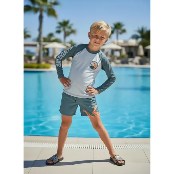 Conjunto De Baño Niños Short Polera Gorro Manga Larga Dino 0060