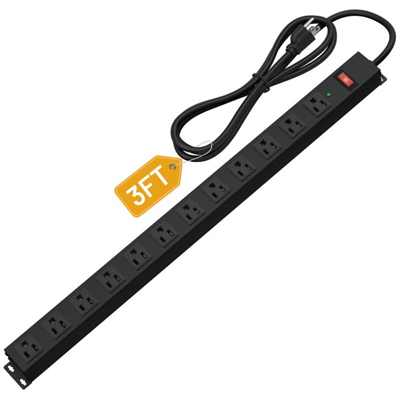 Regleta CFMASTER de 12 tomacorrientes, 91 cm, negra, paquete de 2