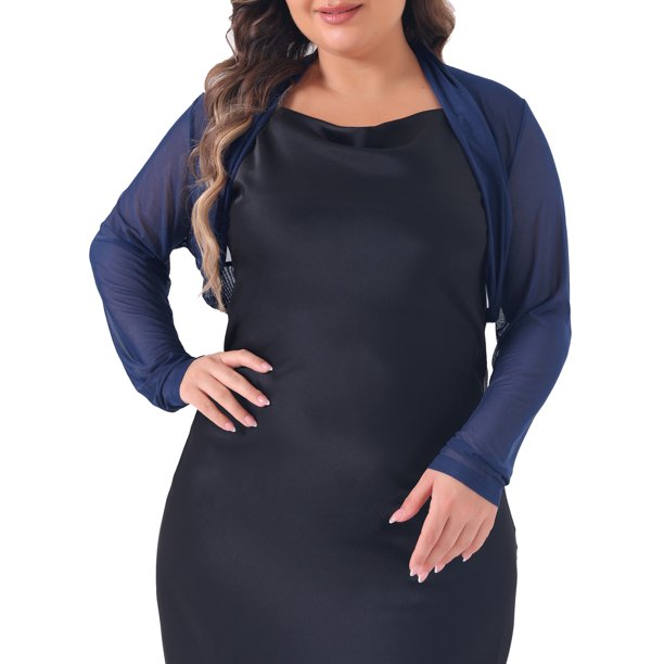 Agnes Orinda Women's Plus Size Escuela Colegio Manga Larga Abierta Delantera Transparente Malla Bolero Chaqueta Corta Cárdigans 2X Azul Marino