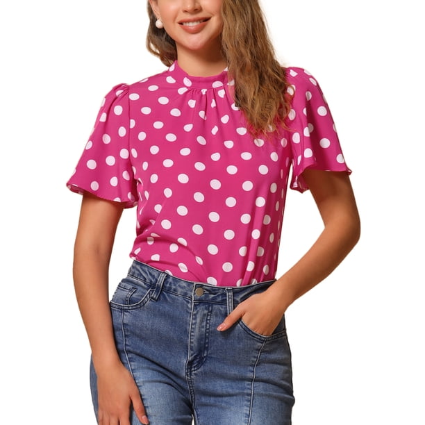 INSPIRE CHIC Blusa de Mujer para Regreso a Clases con Lunares, Cuello Alto, Pliegues, Abertura en la Espalda, Mangas Cortas Acampanadas XS Rosa Fucsia