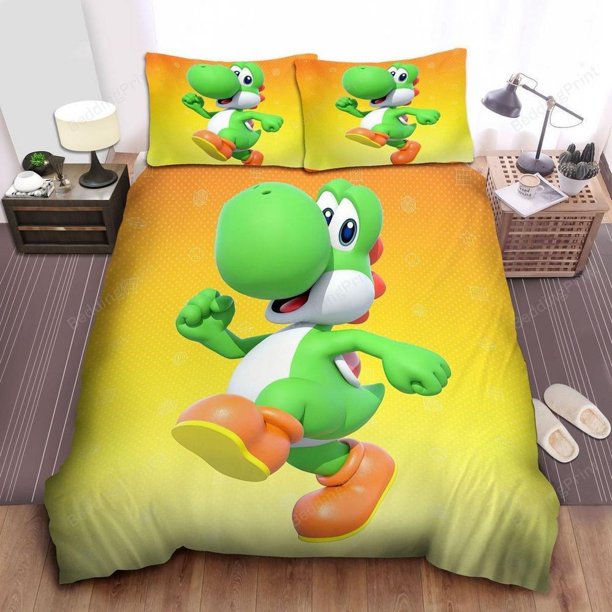 Super Mario Cute Yoshi Illustration On Yellow Quilt Duvet Cover Set Bedspread3-Piece Bedding Set