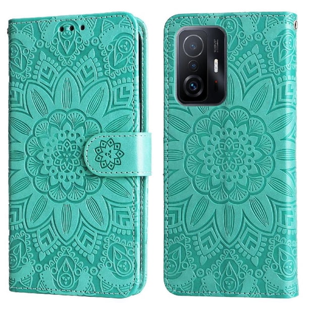 Funda tipo cartera FOXDOCK para Xiaomi 11T , diseño girasol en relieve, cuero PU, cierre magnético, soporte y tarjetero