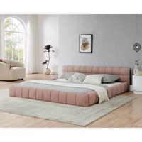 M&Ms - King Size Upholstered Bed Frame With Thick Fabric, Chenille Fabric Grounded Queen Size Platform Bed With Headboard And Solid Frame. No Box Spring Needed-Pink(88.5''*85.5''*24'')