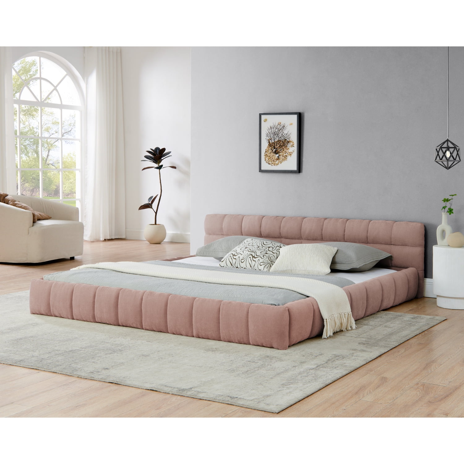 M&ms - King Size Upholstered Bed Frame With Thick Fabric, Chenille Fabric Grounded Queen Size Platform Bed With Headboard And Solid Frame. No Box Spring Needed-pink(88.5''*85.5''*24'')
