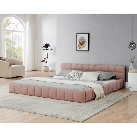 M&Ms - King Size Upholstered Bed Frame With Thick Fabric, Chenille Fabric Grounded Queen Size Platform Bed With Headboard And Solid Frame. No Box Spring Needed-Pink(88.5''*85.5''*24'')