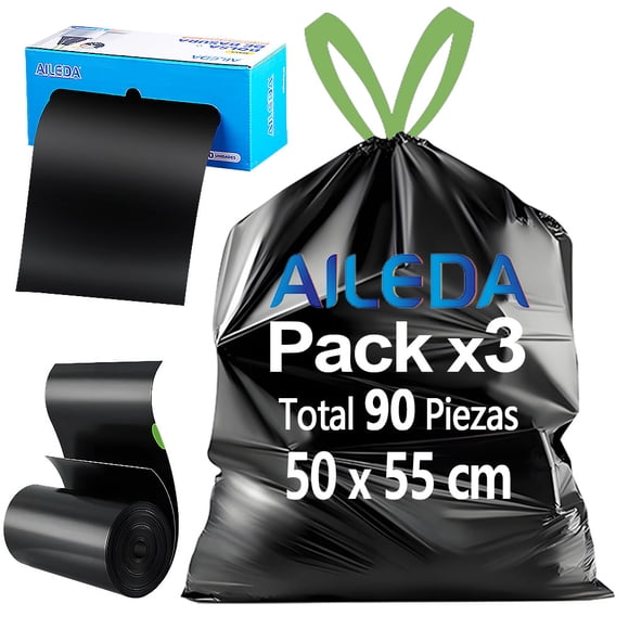 Bolsa de basura mediana con cordón Aileda 55 x 50 cm, pack 3 rollos para cocina y baño