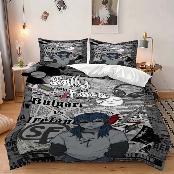 3pcs Blue-Haired Girl Street Music Style Themed Bedding Three-Piece Set Duvet Cover Pillowcase Set Soft