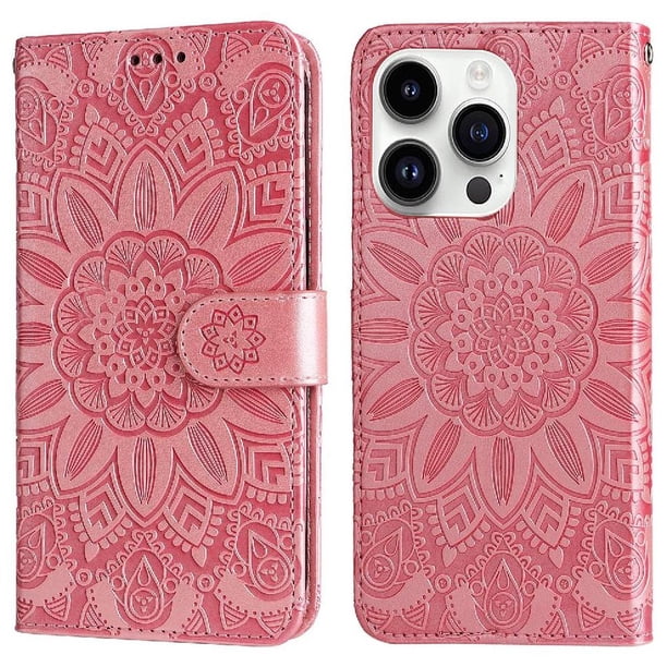 Funda tipo cartera FOXDOCK para iPhone 15 Pro , diseño girasol en relieve, cuero PU, cierre magnético, soporte y tarjetero