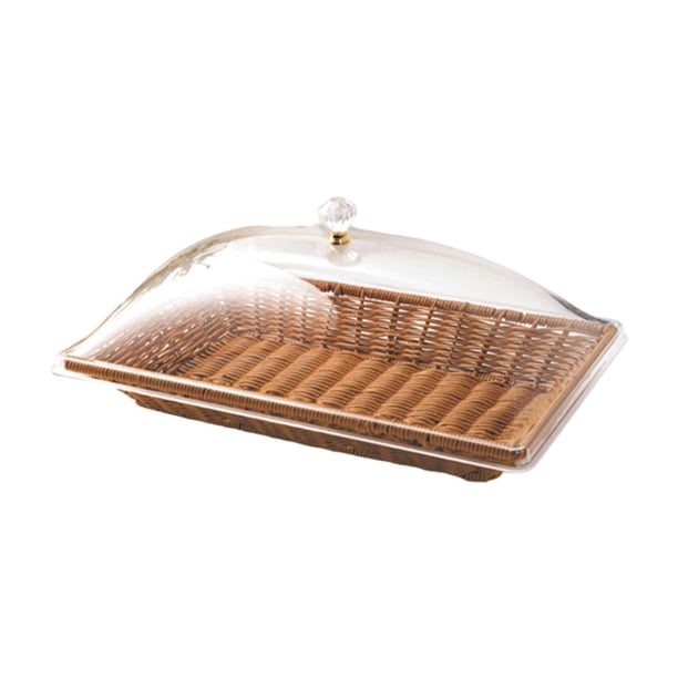 Cesta de pan tejida de imitación de ratán con tapa acrílica transparente, resistente al polvo, para servir alimentos al aire libre, para fiestas en la 30 cm x 18 cm