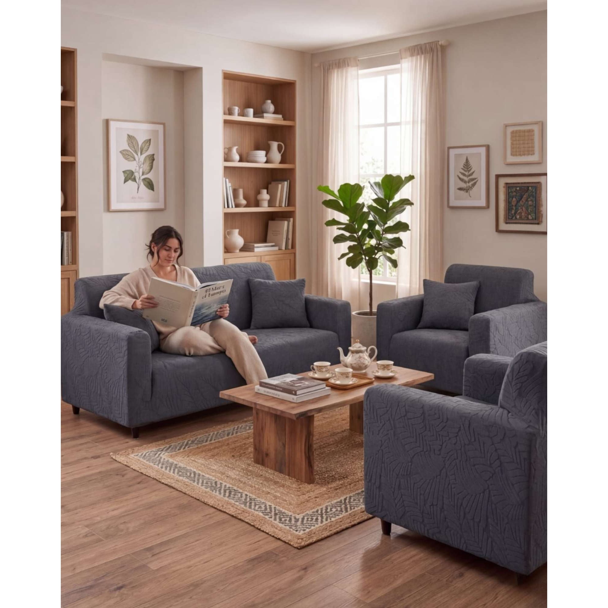 Myl Todo Hogar - Set De Fundas Elásticas Para Living 3+1+1 Diseño Hojas