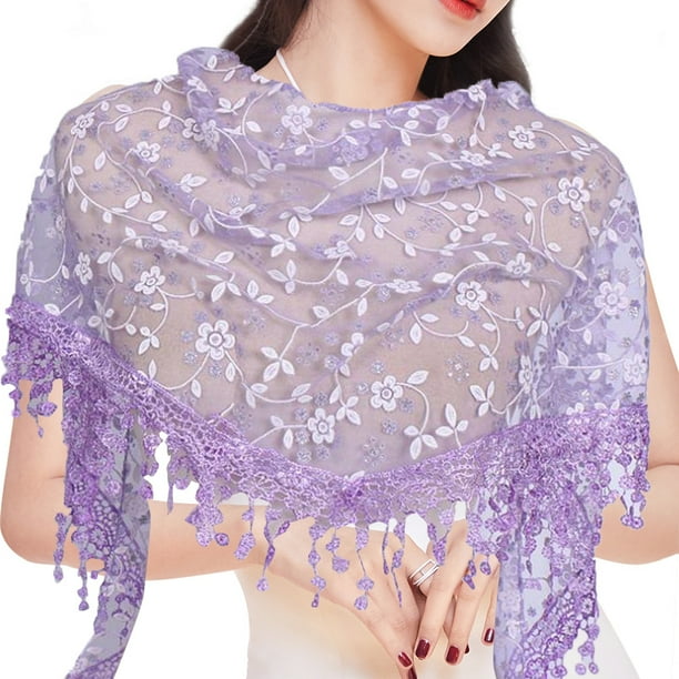 Elegant Women's Triangle Scarf with Tassel for Church, Weddings, and Bridal Events - Embroidered Lace Shawl with Bandana