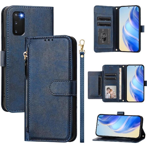 Funda Billetera Cremallera para Samsung Galaxy S20 con Porta Tarjetas, Soporte y Correa Azul