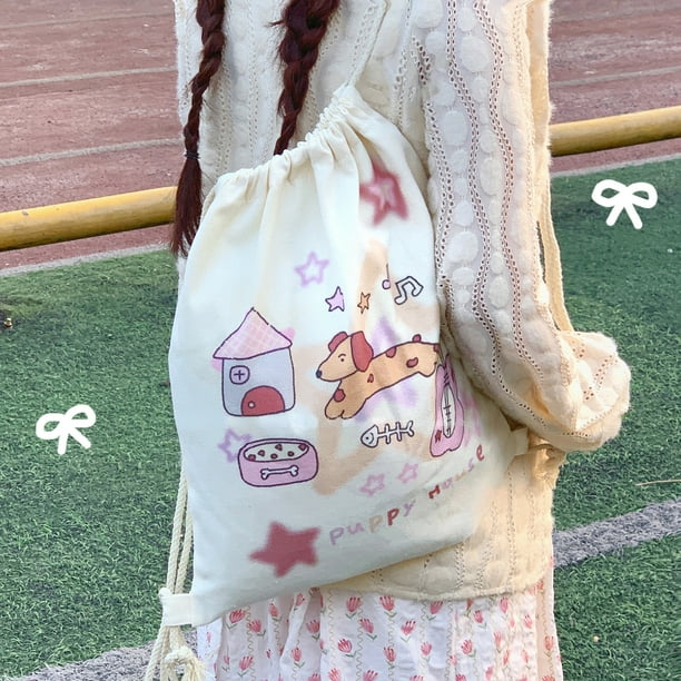 Retro Puppy Printed Canvas Backpack Casual Women Fashion School Gym Drawstring Bag String Knapsack School Back Pack Storage Bags