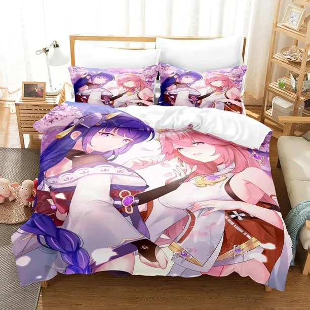 v2437 Bed Sheets Genshin impact Yae Miko Bedding Set Duvet Cover Set for Boys Bedroom Single Double Full Queen Size Quilt Cover Pillowcase 3-Piece Bedding Set (1 Duvet Cover + 2 Pillow Shams) Bed Shee