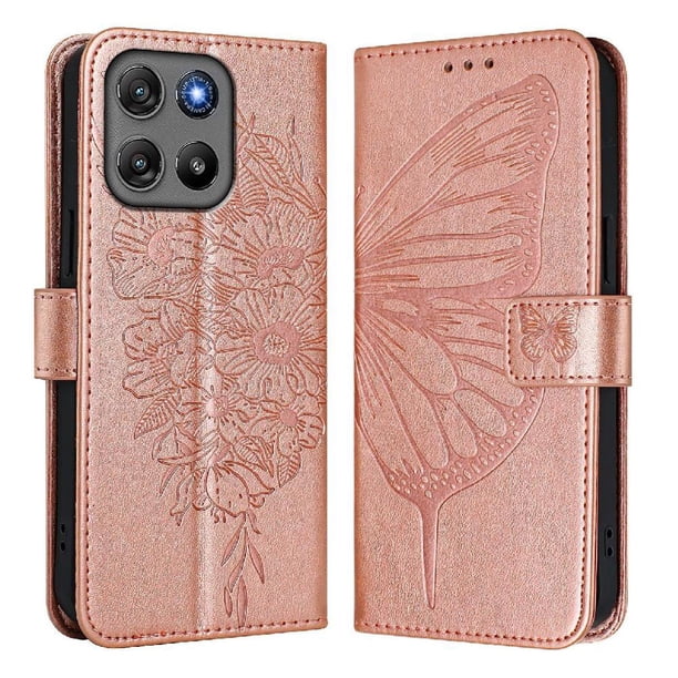 Funda cartera mariposa para Motorola Moto G67 Power con soporte y ranuras para tarjetas Oro rosa