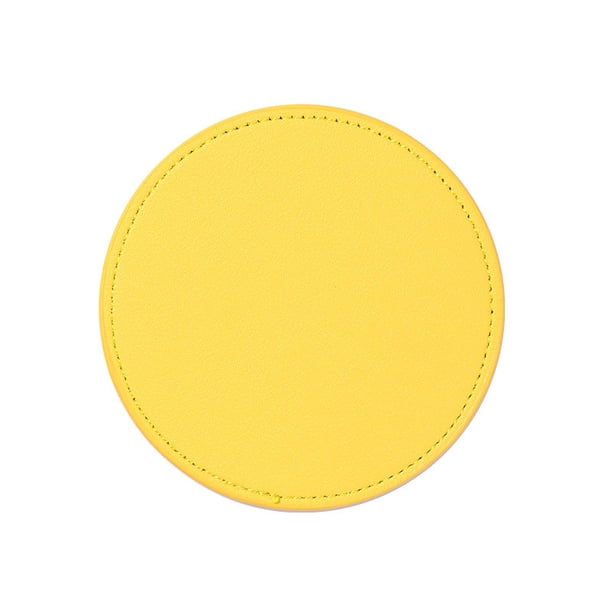 XmhyTop Juego de 4 Posavasos Redondos de Piel Suave con Costura Decorativa, Ideal para Tazas, Mesas de Madera y Decoración Hogar, 4 Pulgadas, Amarillo