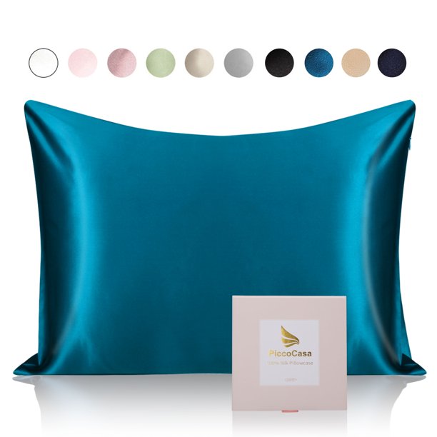 Funda de almohada de seda REGALWOVEN de 25 Momme con cierre de cremallera, azul pavo real 20"x26"