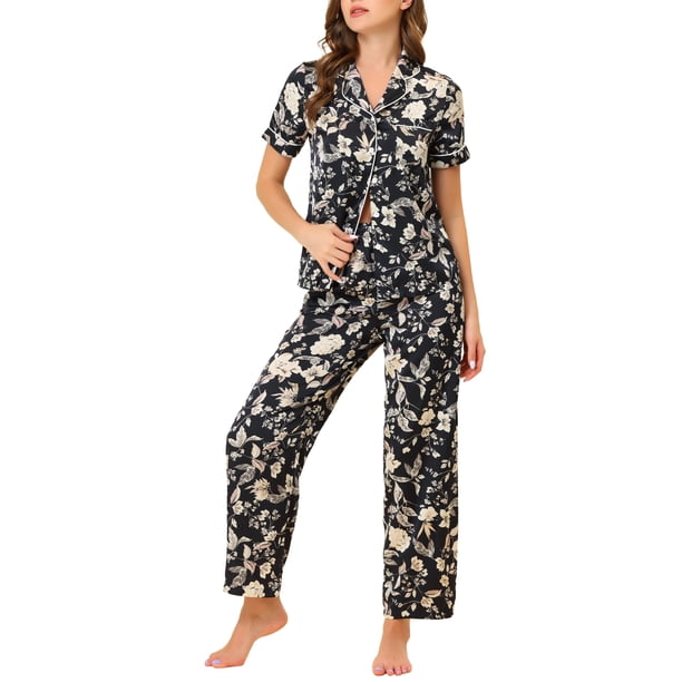 INSPIRE CHIC Conjunto de Pijama de Satén para Mujer Seda Floral Manga Corta Top y Pantalones 2 Piezas Pijamas XS Negro-Blanco