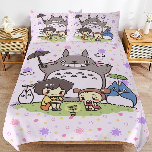 x412 My Neighbor Totoro Bed Duvet Cover Microfiber Bedding Sets 3D Printed Lightweight 3 Piece Comforter Sets, 1 Duvet Cover And 2 Pillow Shams for Kids Boys Girls 90"x90" jn412