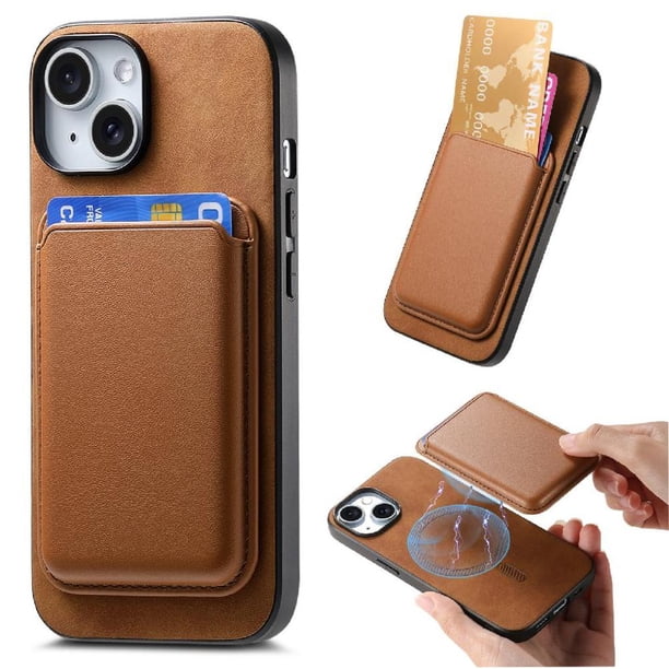 Funda de Cuero Magnética con Tarjetero para iPhone 15 Plus Cubierta Delgada Marrón