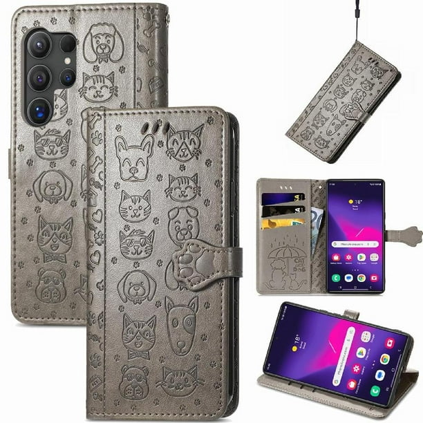 Funda Cartera FOXDOCK para Samsung Galaxy S24 Ultra , Flip PU con Relieve de Gatos y Perros, Tarjetero y Soporte