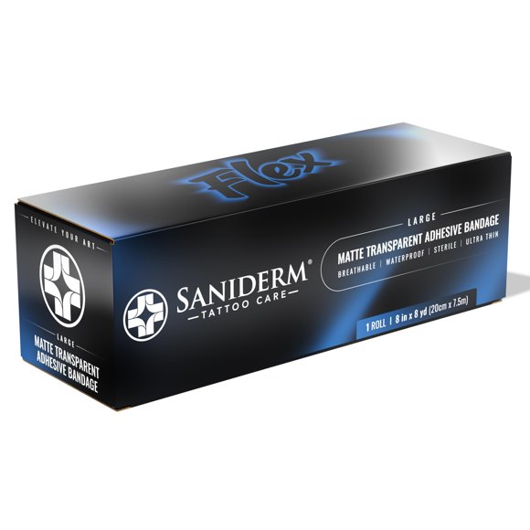 Saniderm - Vendaje Flex para Cuidado Posterior de Tatuajes - Rollo Ultra Flexible, Impermeable, Estéril para Curación Rápida y Protección - 8" x 8 yd