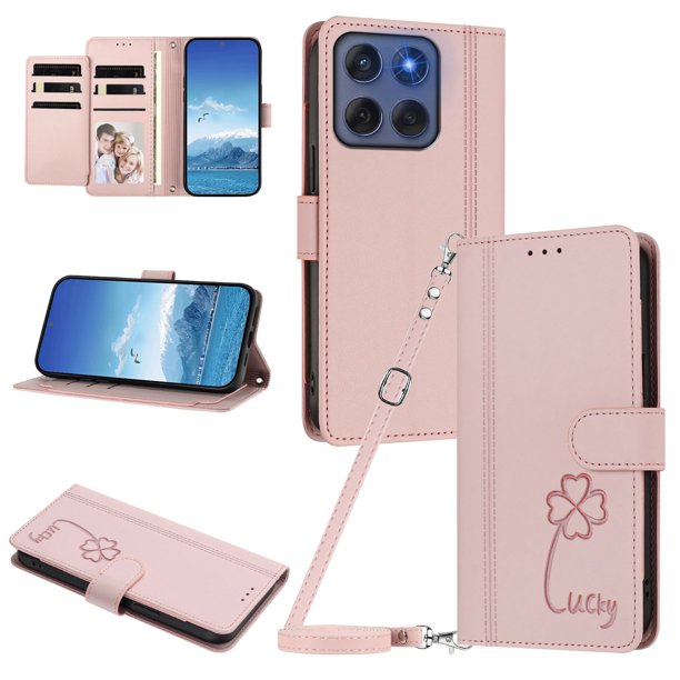 Funda Cartera Trébol para Motorola Edge 2025 5G con Ranuras Tarjetas y Carga Inalámbrica Rosa