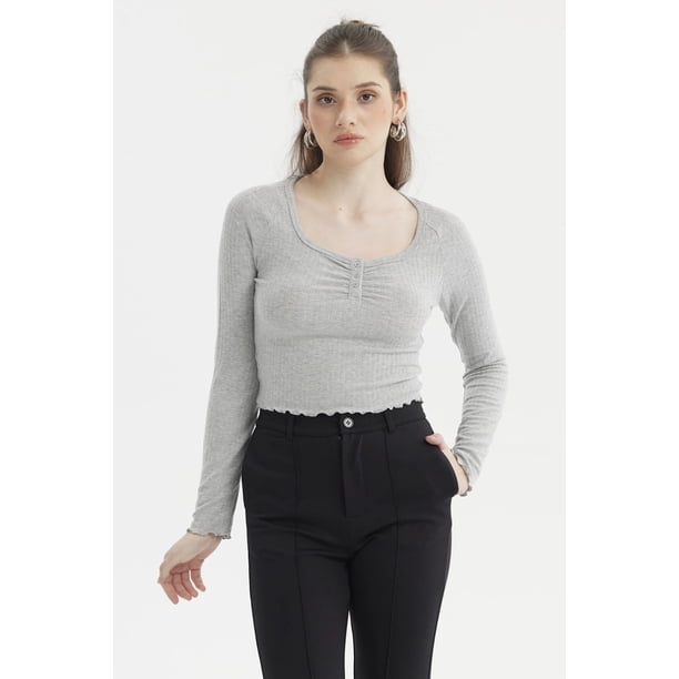Polera Mujer Escote Abotonado Gris Melange