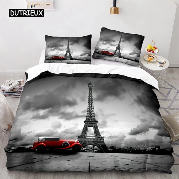 x2476 Bed SheetsEiffel Tower Duvet Cover Paris France Bedding Set Retro Red Truck Quilt Cover City Building Automobile Polyester Comforter Cover 3-Piece Bedding Set (1 Duvet Cover + 2 Pillow Shams) nj