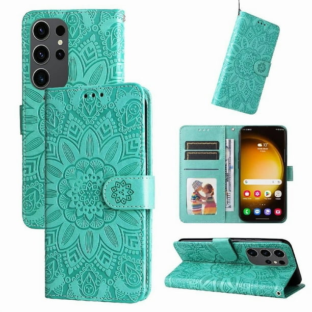 Funda tipo cartera FOXDOCK para Samsung Galaxy S24 Ultra , diseño girasol en relieve, cuero PU, cierre magnético, soporte y tarjetero
