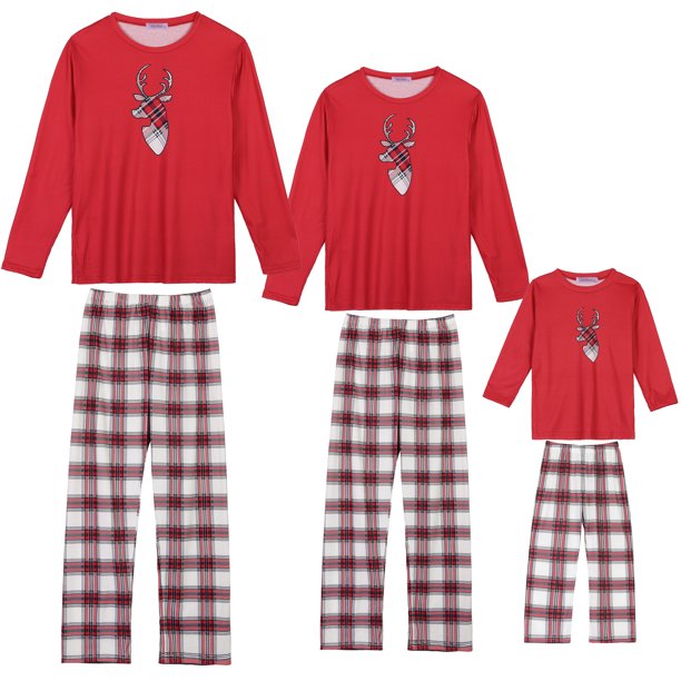 INSPIRE CHIC Conjunto de Pijama de Navidad con Estampado de Alce, Manga Larga, Cuello Redondo, Pantalones de Cuadros, Ropa de Dormir a Juego para la Familia, Niños y Niñas L Rojo
