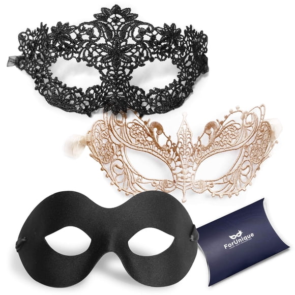 Máscaras de mascarada para parejas ForUnique, paquete de 3 unidades, doradas y negras