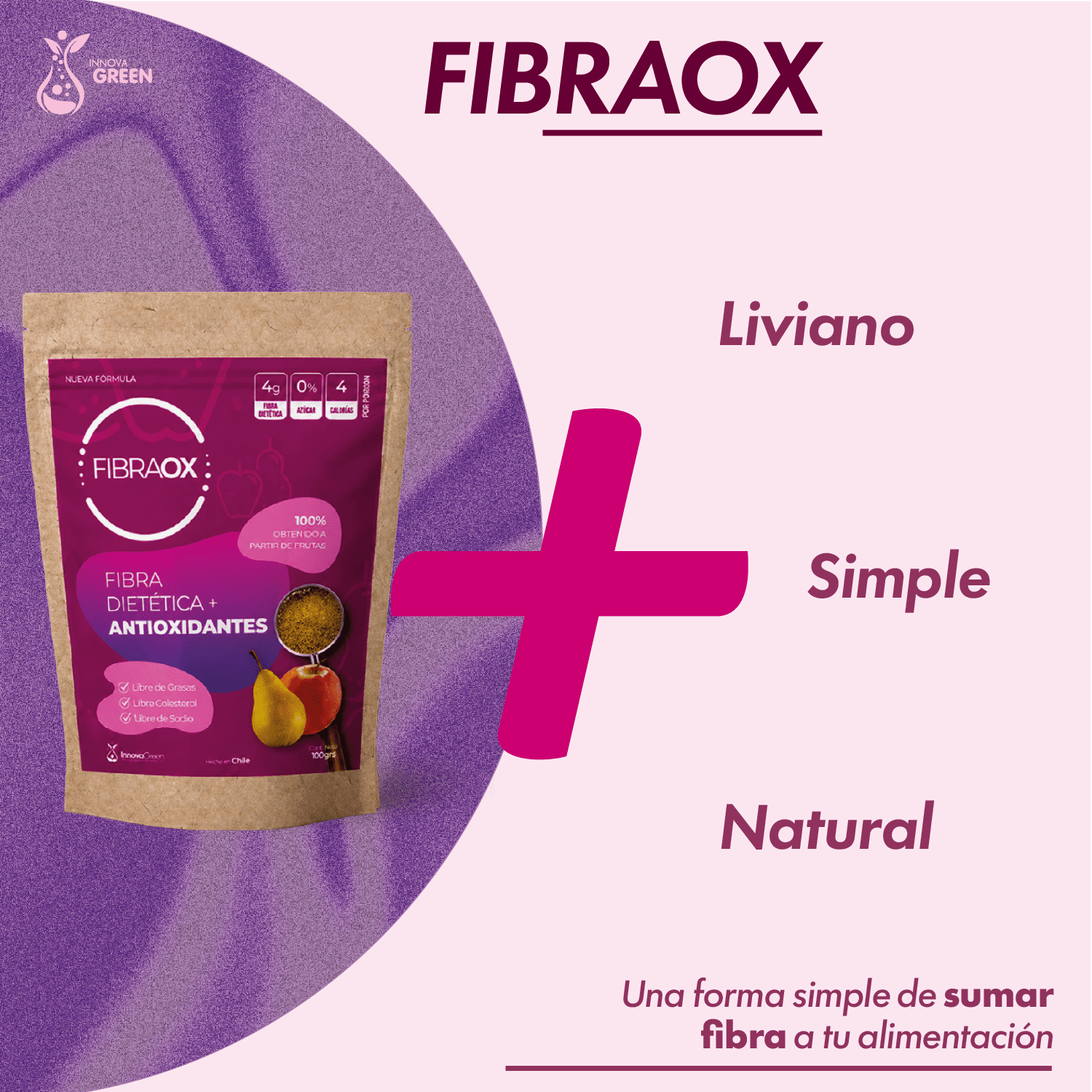 Innovagreen - Fibraox - Fibra De Frutas En Polvo, Alto En Fibra Dietética, Fácil De Mezclar, 100 G