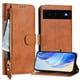 thumbnail image 2 of Funda tipo cartera para Google Pixel 6A con bolsillo con cremallera, tarjetero, soporte, correa para la muñeca y tapa de cuero marrón, 2 of 5