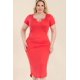 thumbnail image 1 of Saronite Vestido Midi Básico Ajustado con Cuello Abierto y Manga Corta, Coral Fuego (Talla Grande para Mujer), 1 of 5