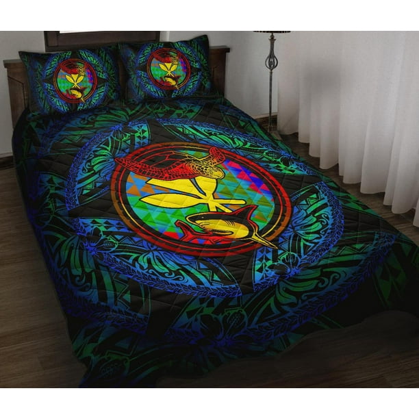 Juego de Cama Colcha Polinesia Hawaiana - Colorido Tiburón Tortuga