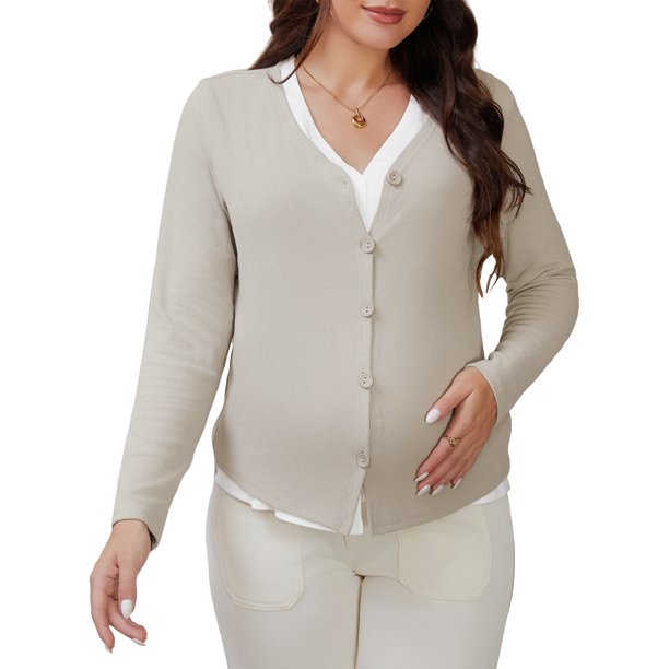 INSPIRE CHIC Camisas de Maternidad para Mujeres con Botones Ropa de Embarazo Manga Larga Cuello en V Falso 2 Piezas Tops de Lactancia S Caqui