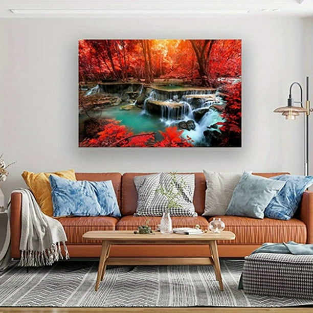 1pc Red Forest Waterfall Maple Leaf Paiinting, Modern Landscape Tree Red Maple Leaf Canvas Wall Art Decor, Suitable For Living Room Bedroom Kitchen Office Home Decor, No Frame, 24*36in