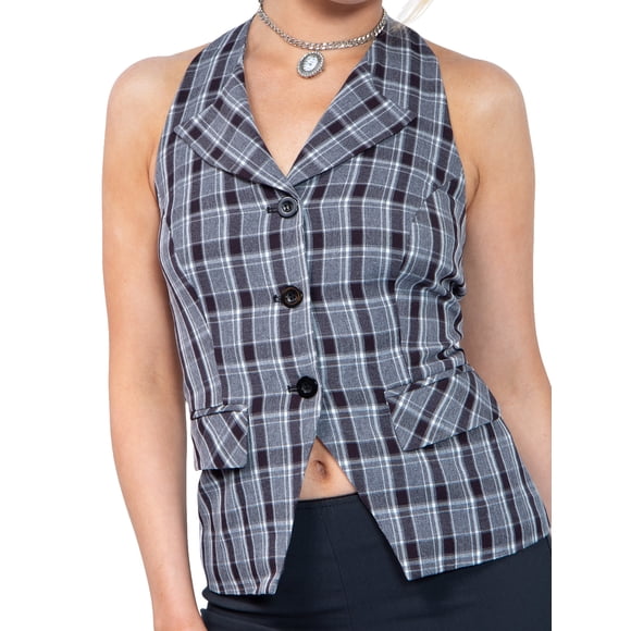 Jess by Meiko Top de Chaleco sin Mangas con Cuello Halter a Cuadros para Mujer Negro y Blanco XL