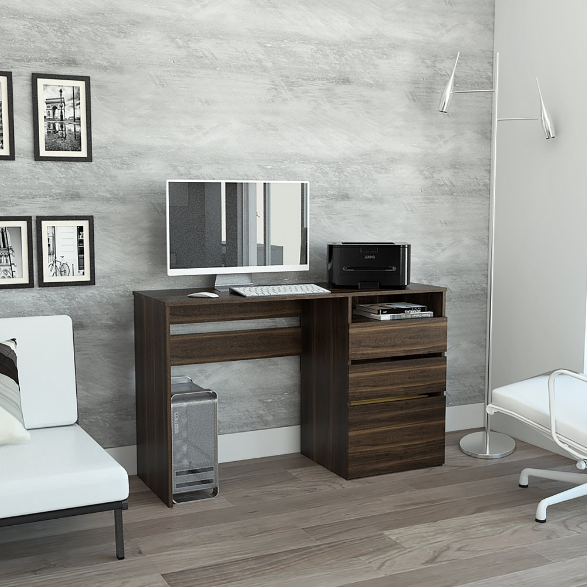 Tuhome - Escritorio Recto 3 Cajones Office W-120 Café Oscuro