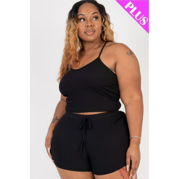 Conjunto De Top Corto De Canalé Y Shorts De Talla Grande
