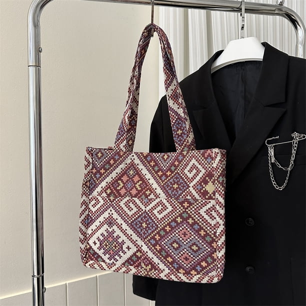 Ethnic Style Canvas Tote Bag, Colorful Geometric Pattern Handbag, Bohemian Shoulder Bag For Women