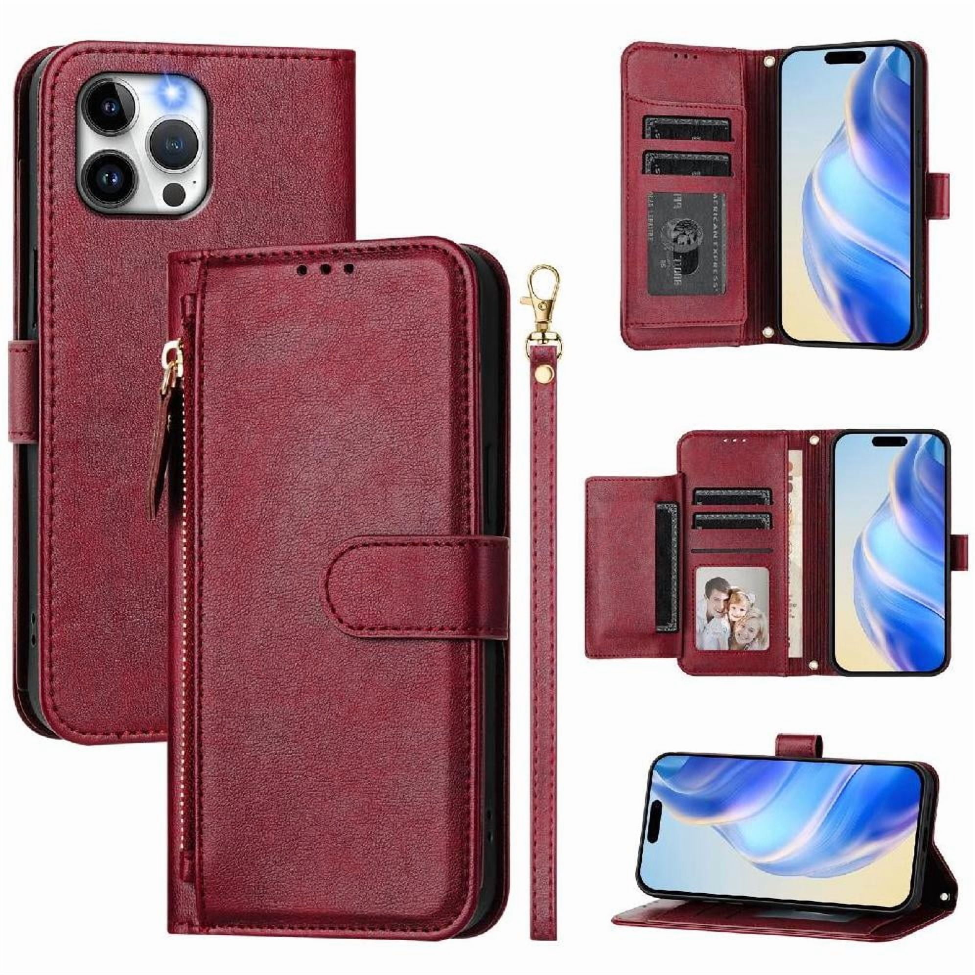 Foxdock - Funda Tipo Cartera Para Iphone 11 Pro Max Con Bolsillo Con Cremallera, Tarjetero, Soporte, Correa Para La Muñeca Y Tapa De Cuero Rojo