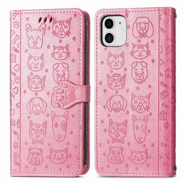 Funda Cartera FOXDOCK para iPhone 12 Mini , Flip PU con Relieve de Gatos y Perros, Tarjetero y Soporte