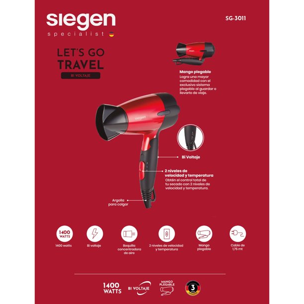 Secador de Pelo Plegable SG-3011 1400W Rojo | Lider