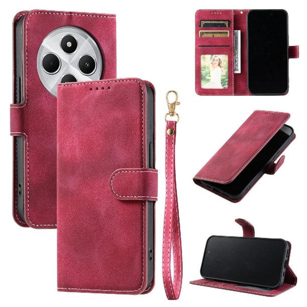 Funda Cartera para Xiaomi Redmi 14C Tapa con Ranuras, Soporte y Correa Rojo
