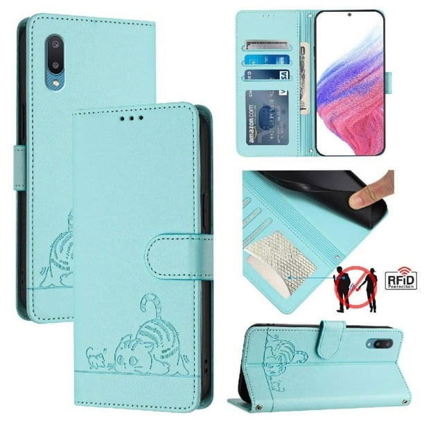 Funda tipo cartera FOXDOCK para Samsung Galaxy A02/M02 con soporte, ranuras, RFID, diseño de gato